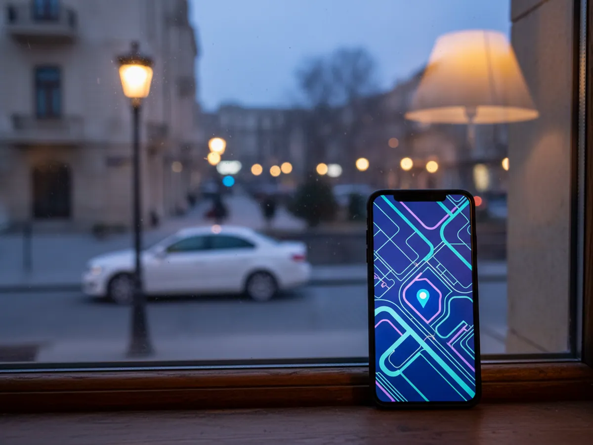 Mənzilin pəncərə taxtasında xəritəsi açıq smartfon, aşağıda küçədə ağ sedan dayanıb