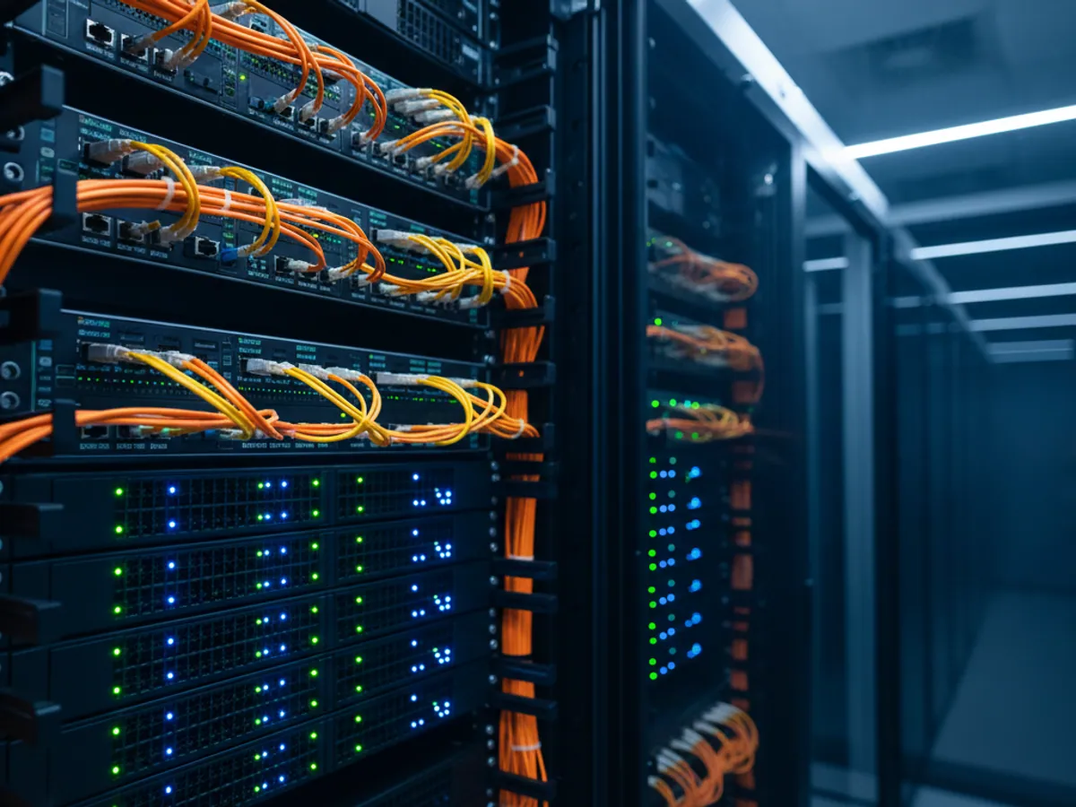 Data mərkəzində optik kabelləri və yanıb-sönən indikatorları olan server dayağı