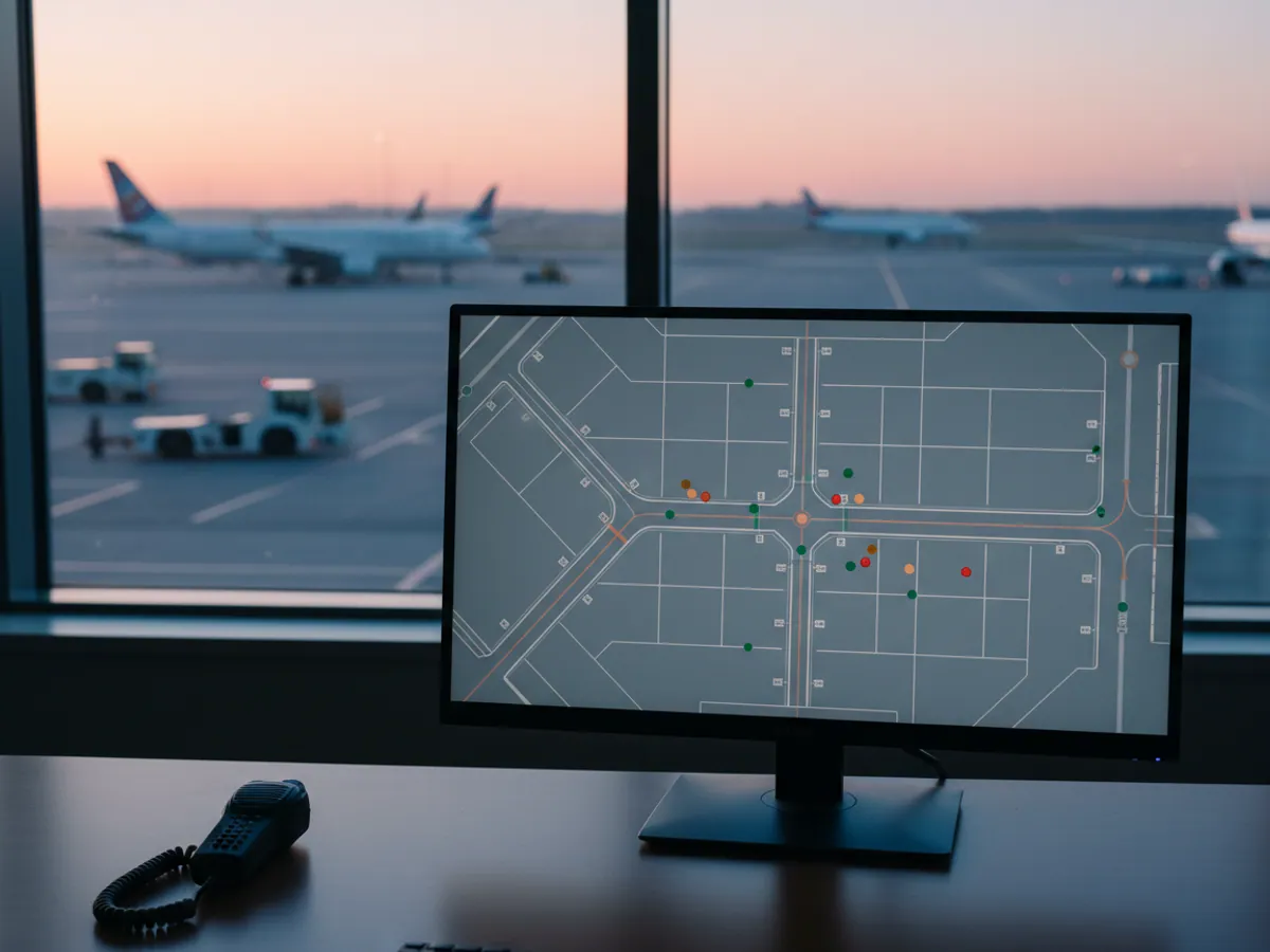 A monitor showing the apron map by the window of a dispatch room, aircraft outside at dawn