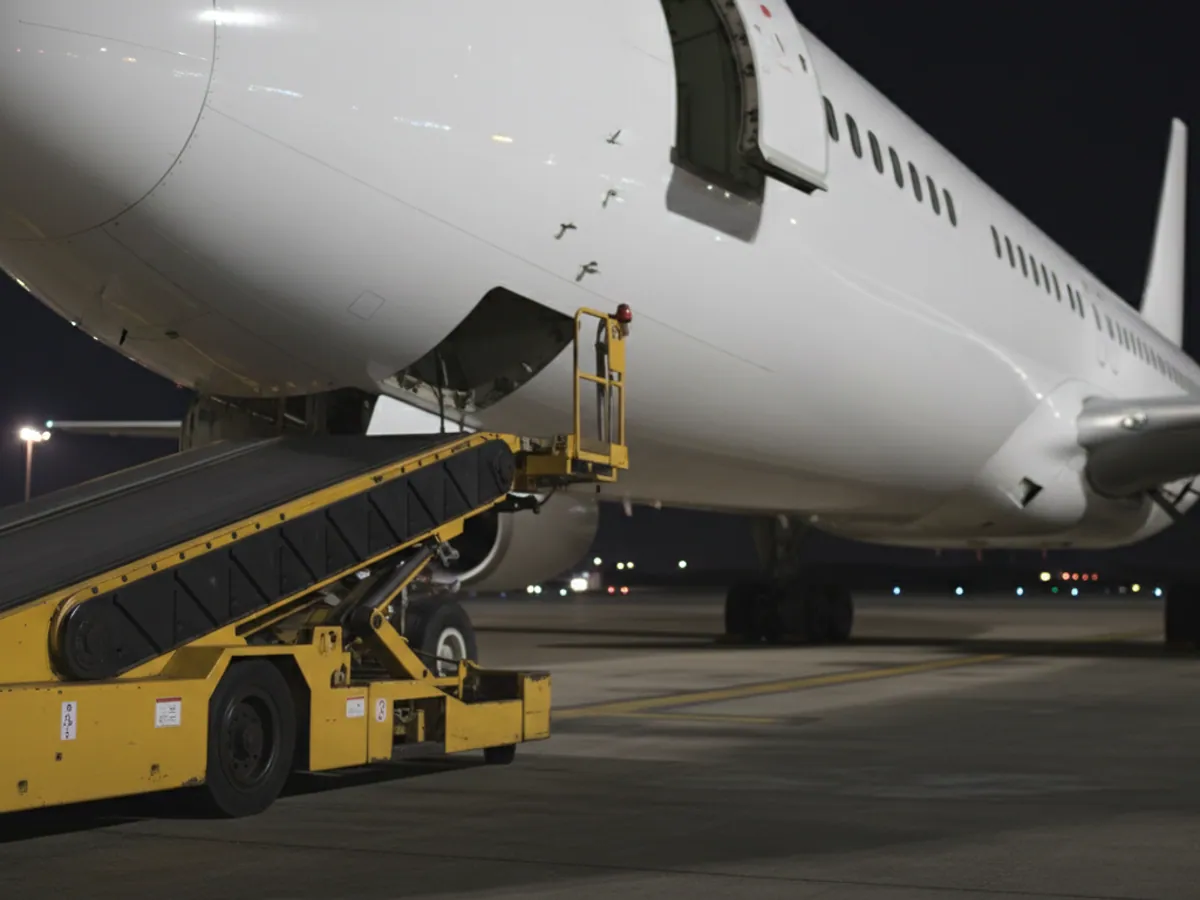 A belt loader stopped a few centimetres from the fuselage at the cargo hold door