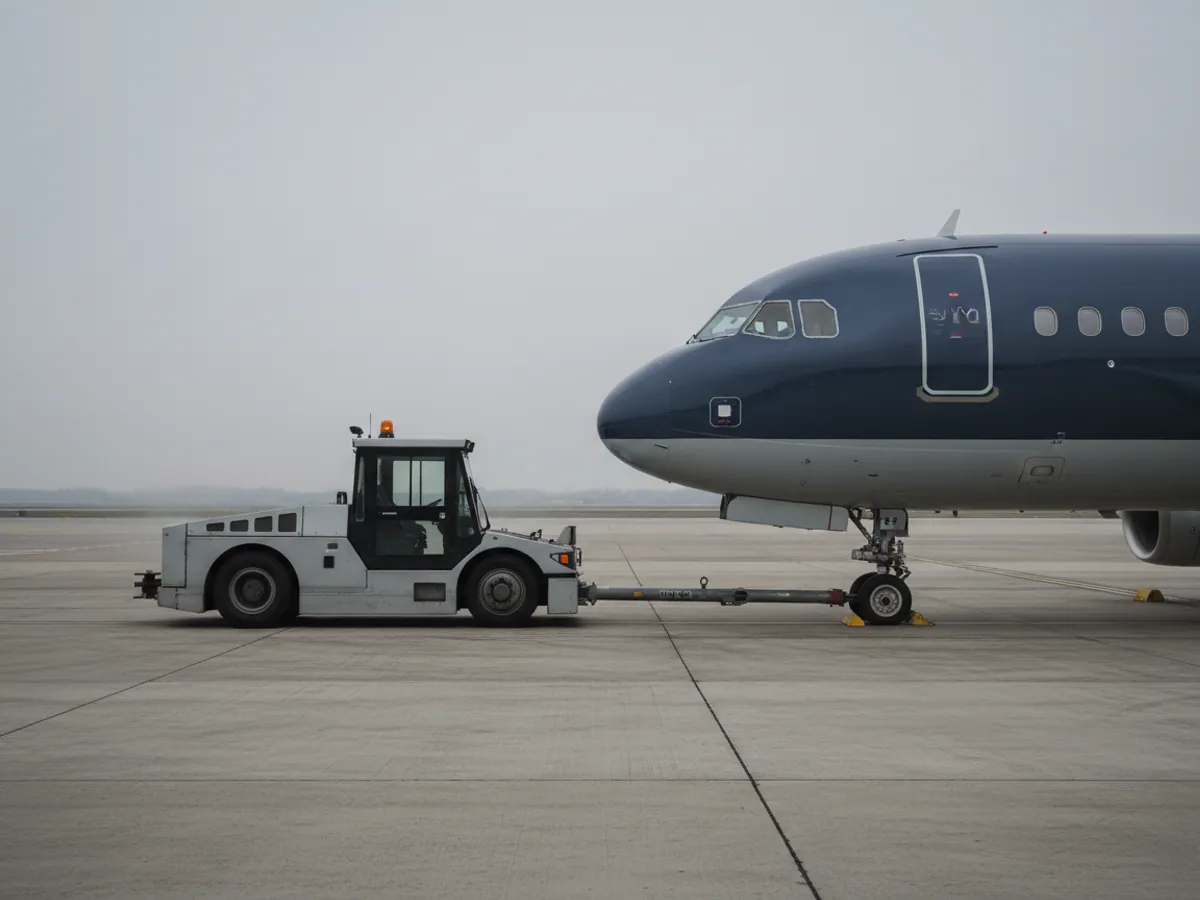 A pushback tug waiting at an aircraft's nose gear, the towbar lying unattached on the concrete