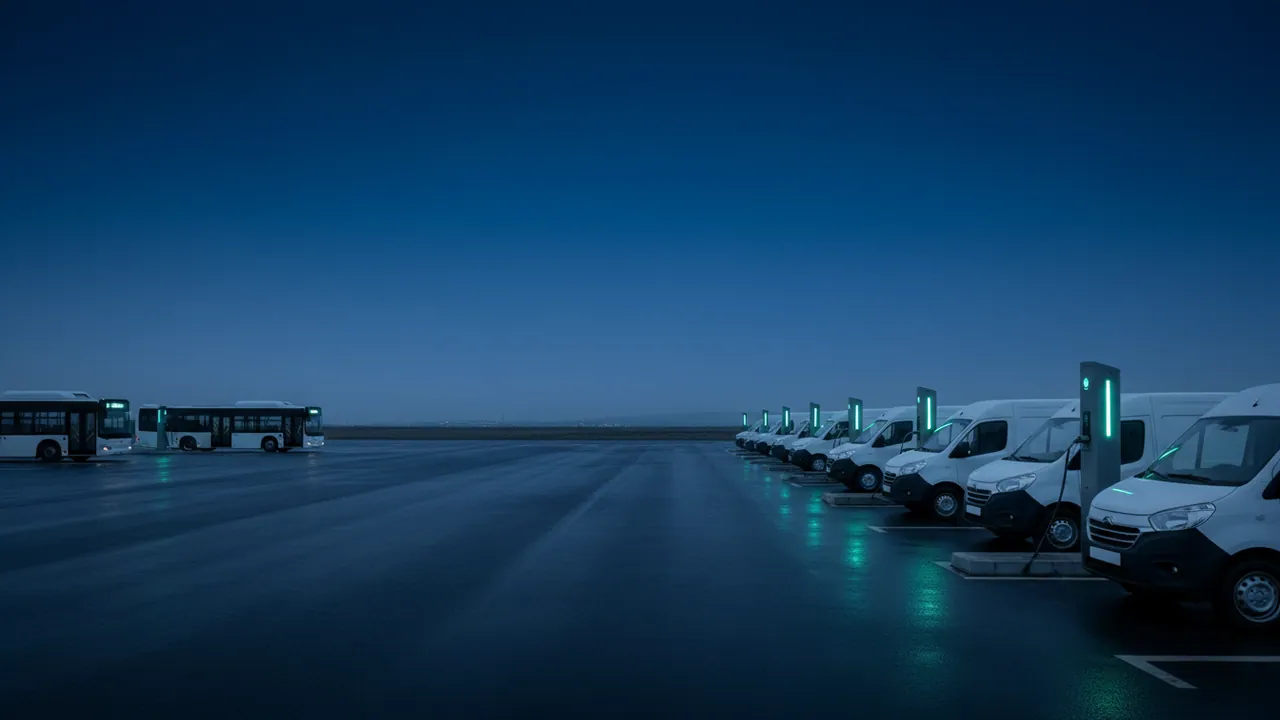 Electric buses and electric vans on charge in a depot on the edge of Baku at dusk