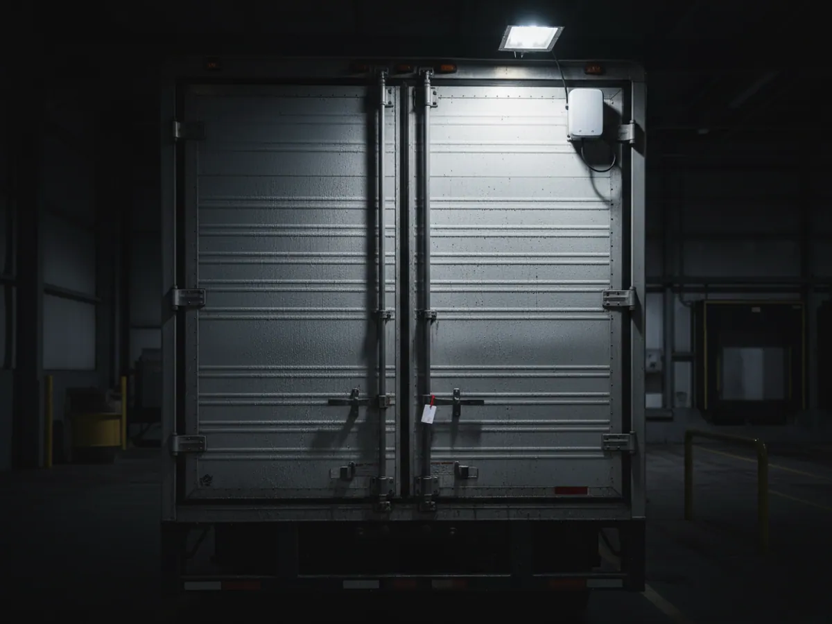 The rear doors of a refrigerated body with a seal and a small opening sensor on the frame