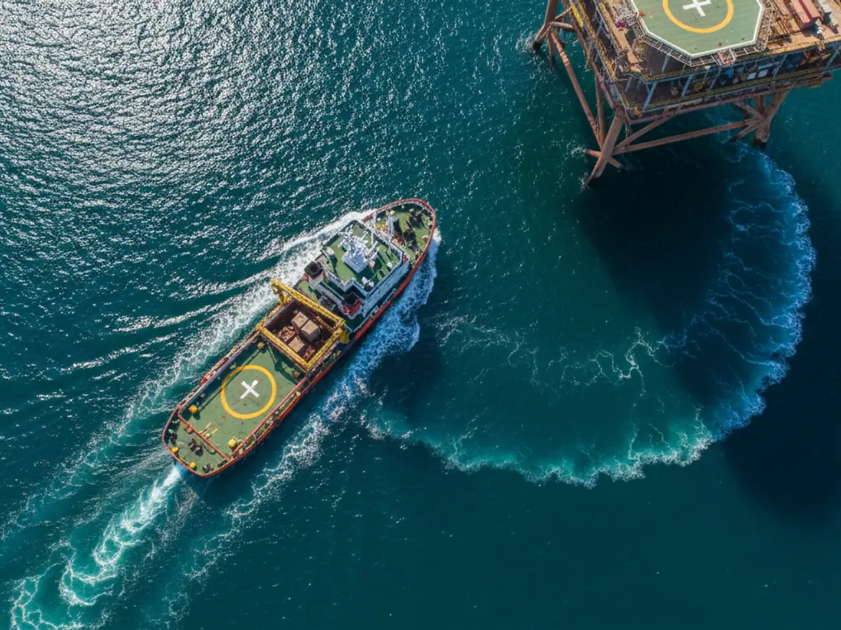 Seen from above: a supply vessel leaving a curved wake on its way to an offshore platform