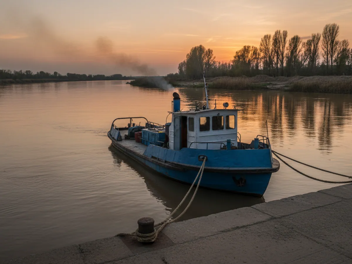 A river tug alongside in the lower reaches of the Kura at dusk, smoke drifting from the funnel