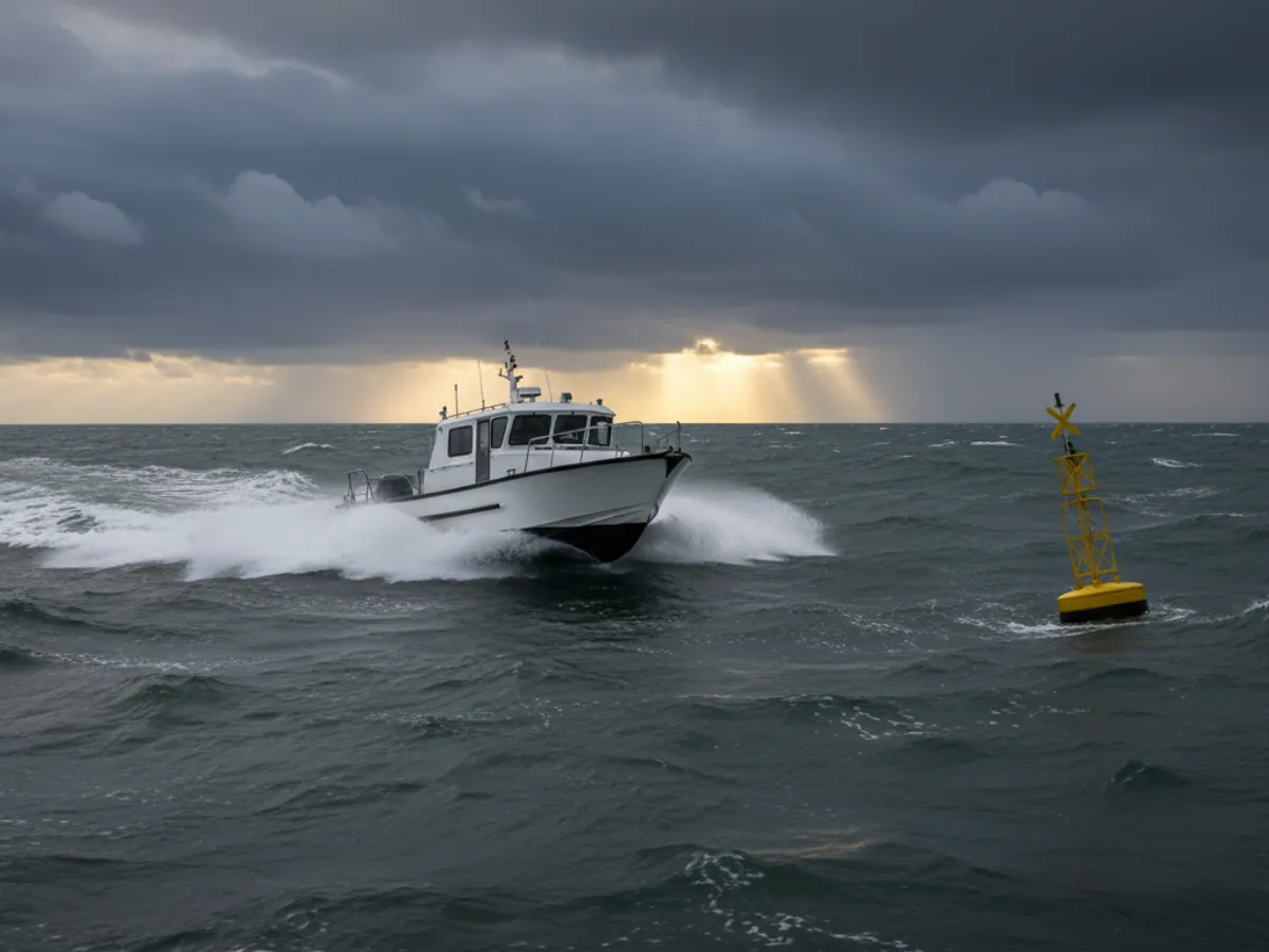 A launch passing a yellow buoy on the edge of a prohibited area in a heavy sea