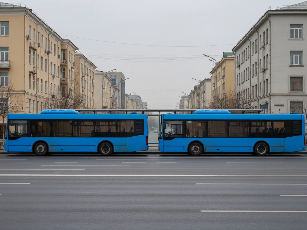 Два одинаковых городских автобуса подъезжают друг за другом к одной остановке