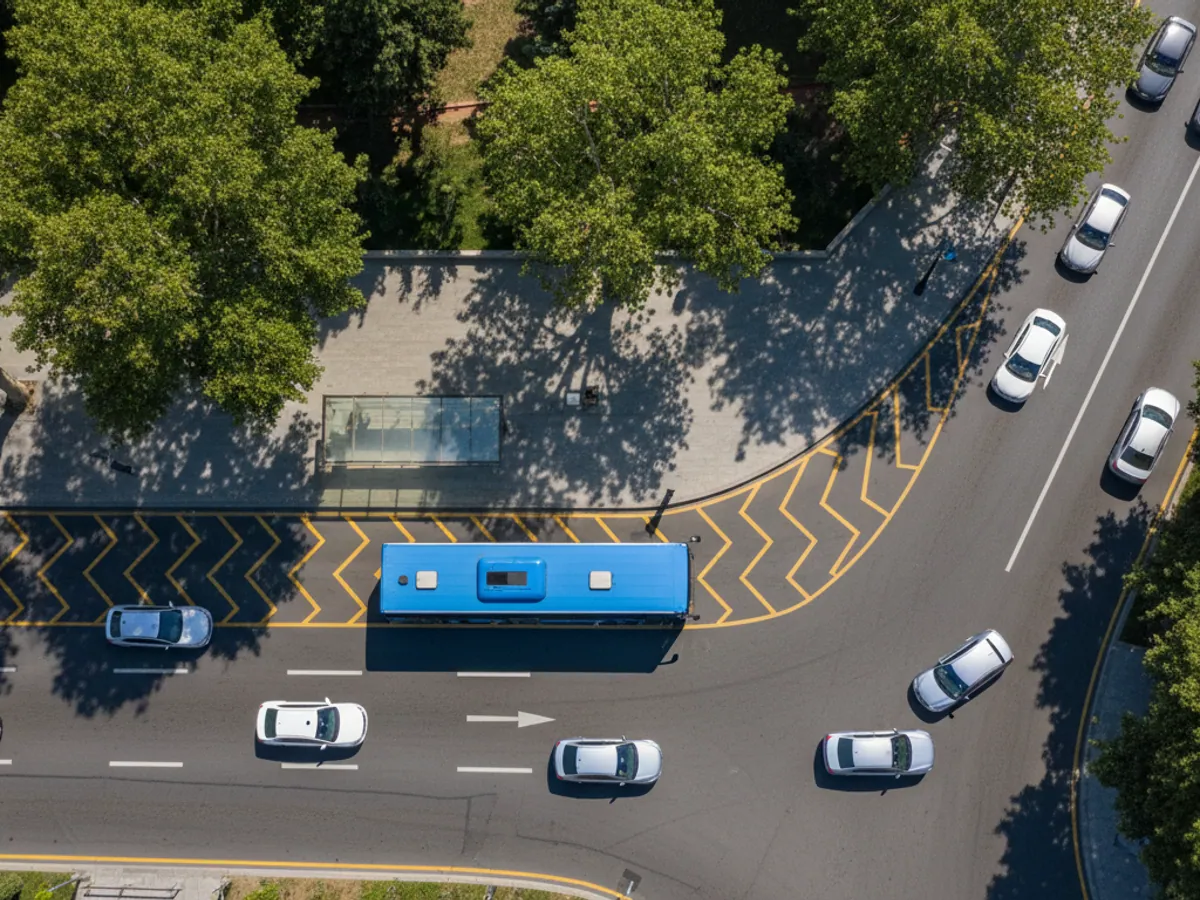 Yuxarıdan görünüş: şəhər avtobusu talvarın yanındakı dayanacaq cibinə girir