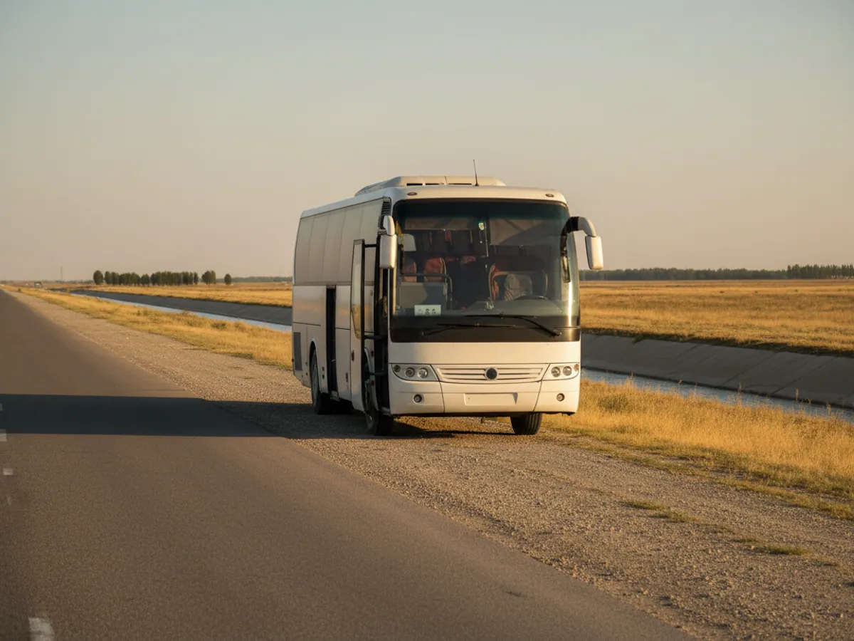 Qapısı açıq şəhərarası avtobus Salyanın yanında trasın kənarında durur