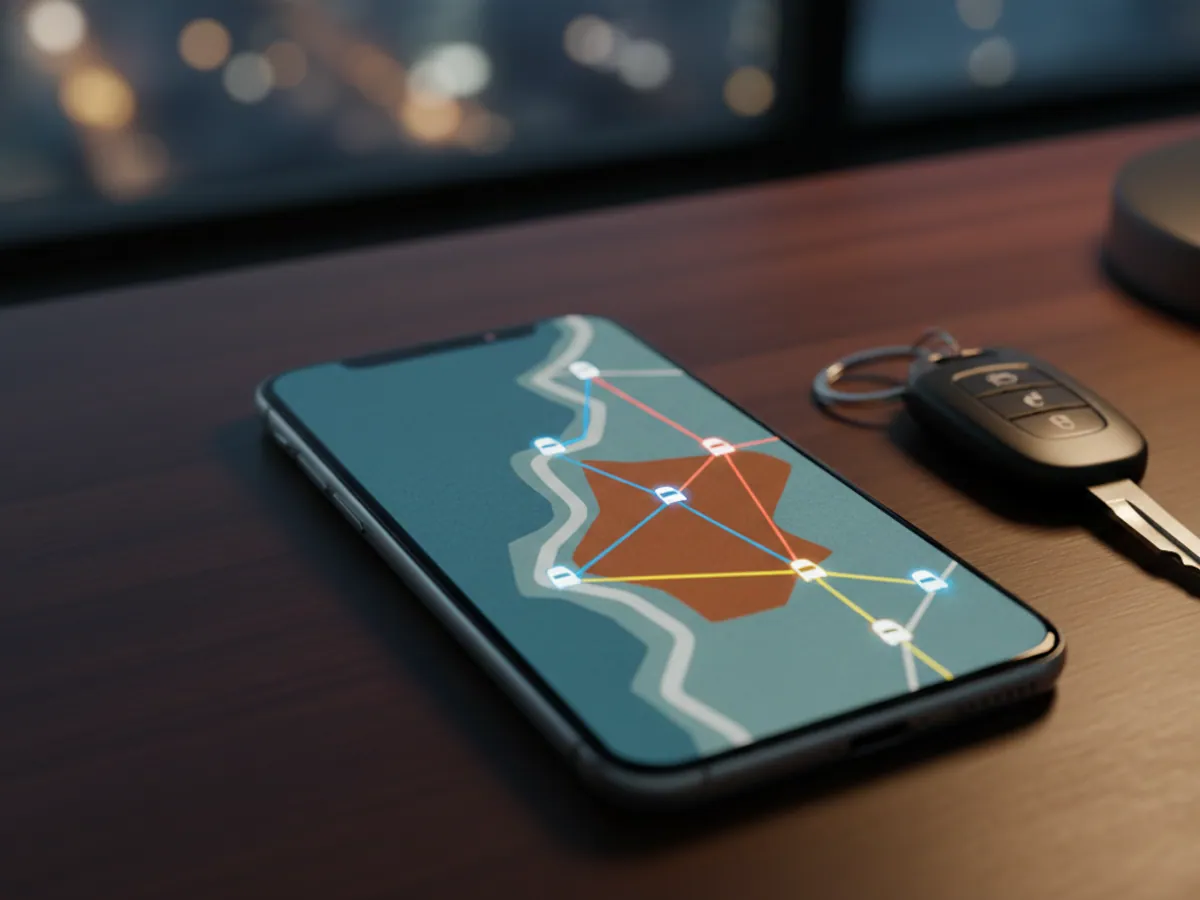 A smartphone beside a set of car keys, a map with a geofence and routes on the screen