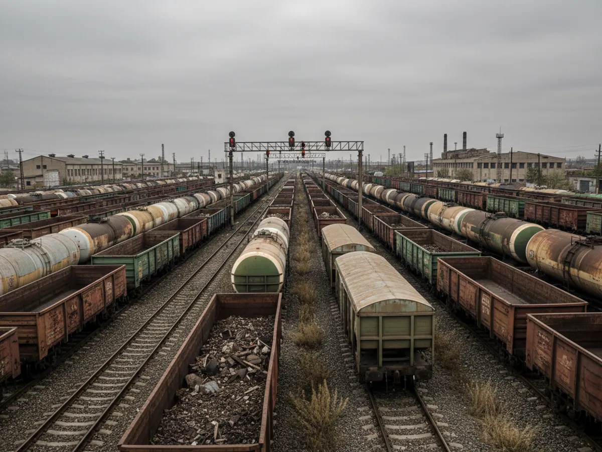 Freight wagons standing on the parallel tracks of a marshalling yard under an overcast sky