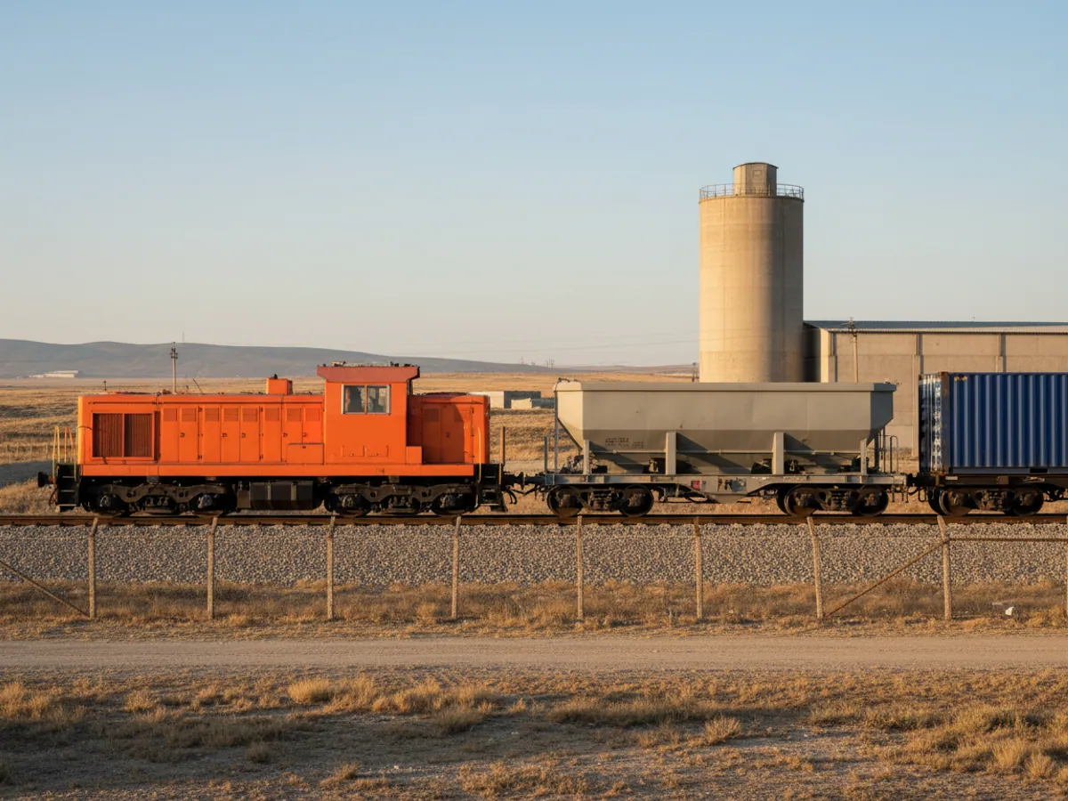 A shunting locomotive with a hopper and a container flat wagon on a works siding