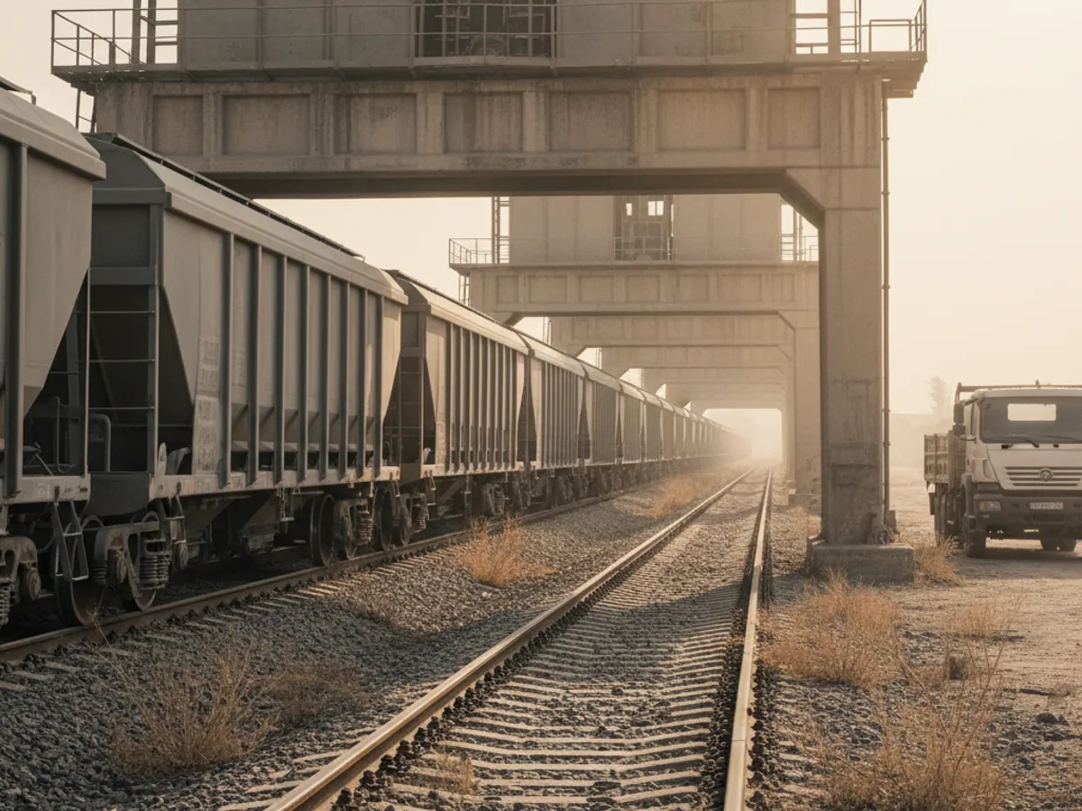Hoppers waiting to be unloaded at a concrete gantry on a cement works siding
