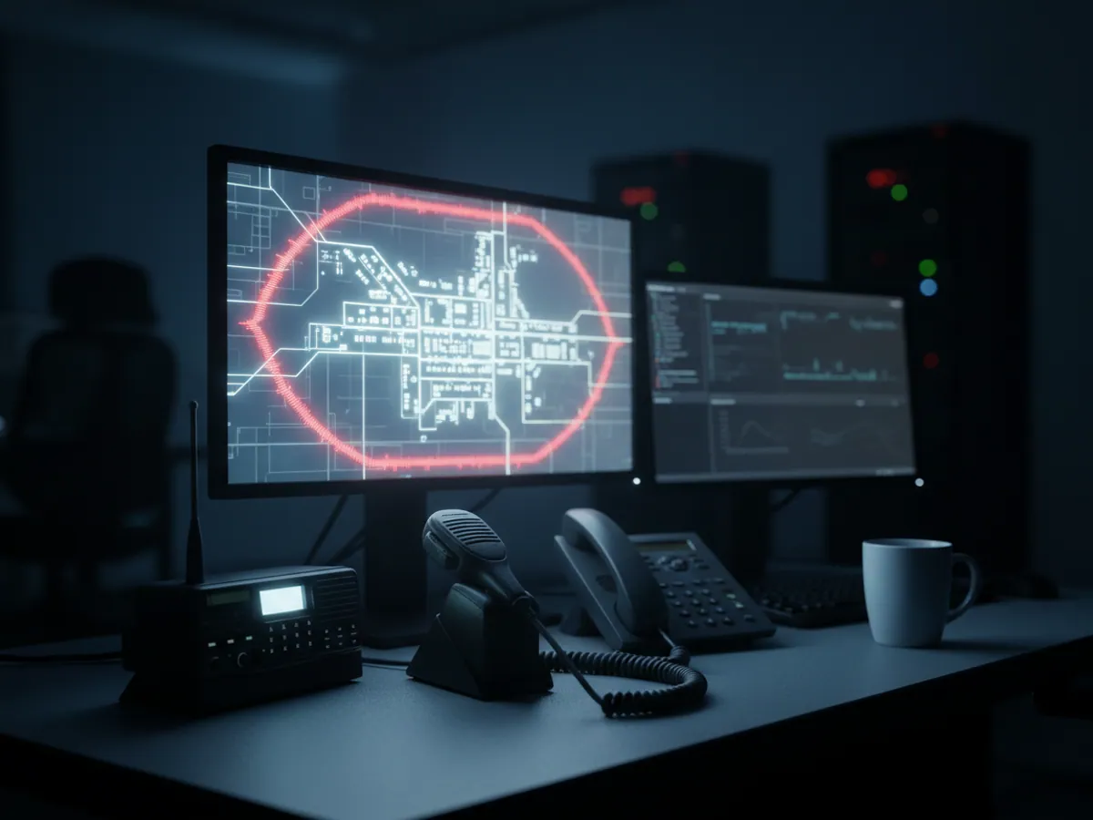 A control room desk: a radio with a microphone and a monitor framed in red for an alert