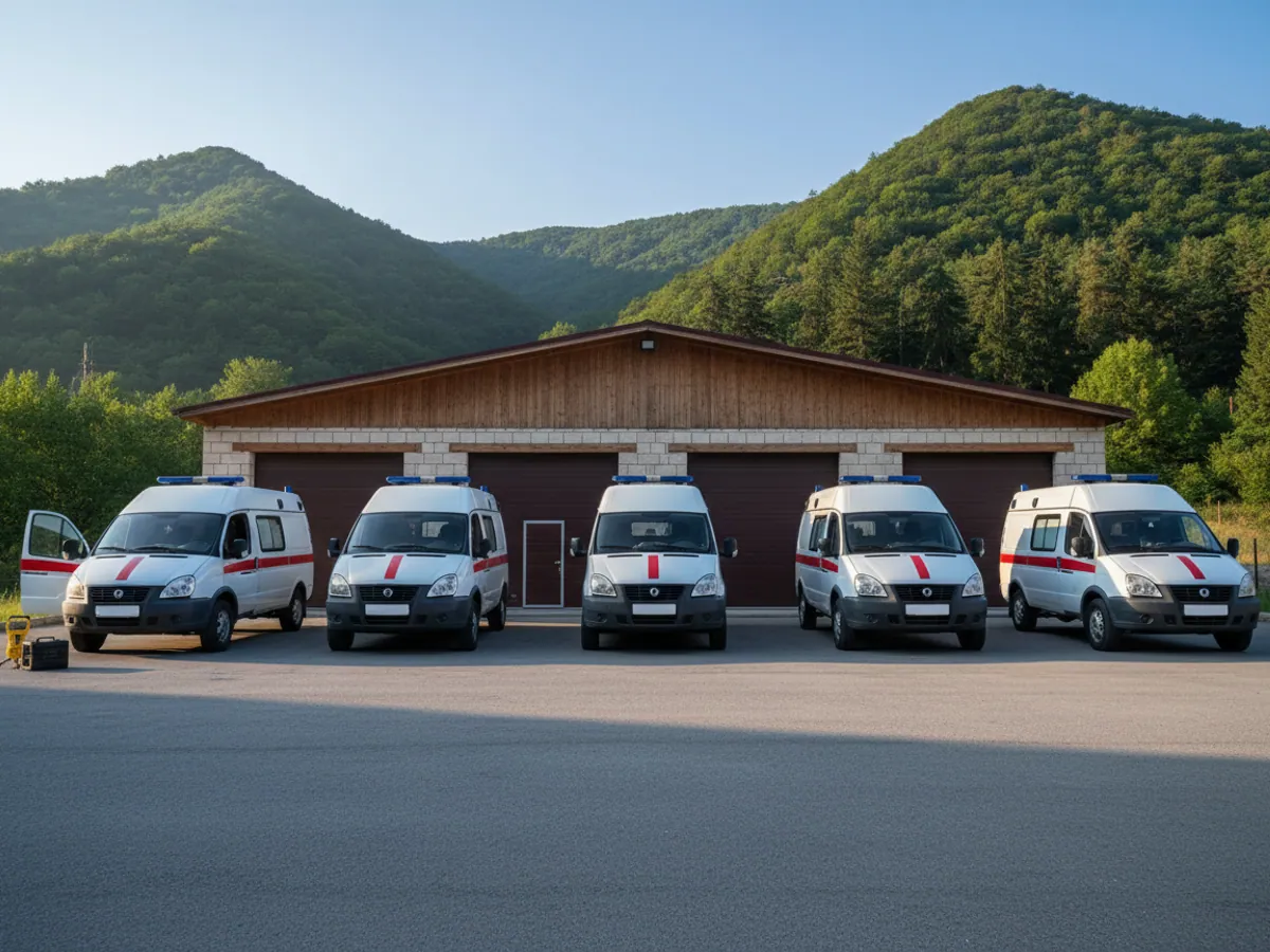 A row of ambulances at a station in Sheki, one with its doors open and tools lying out