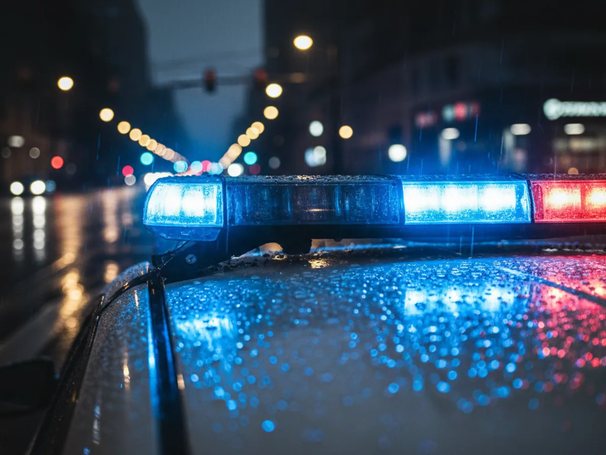 The flashing light bar on the roof of a patrol car at a junction at night