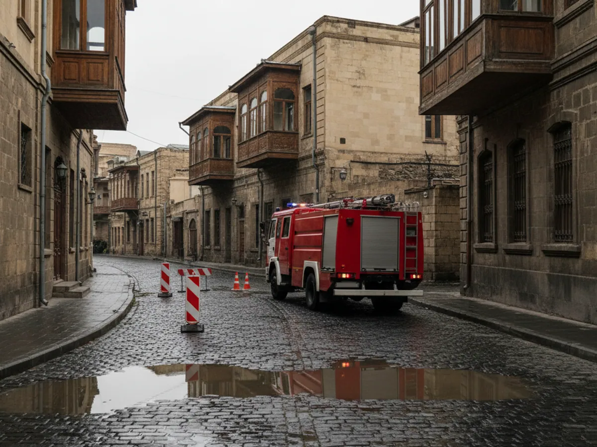 Yanğınsöndürən maşın köhnə rayonun zolaqlı baryerlərlə bağlanmış küçəsini dolanır