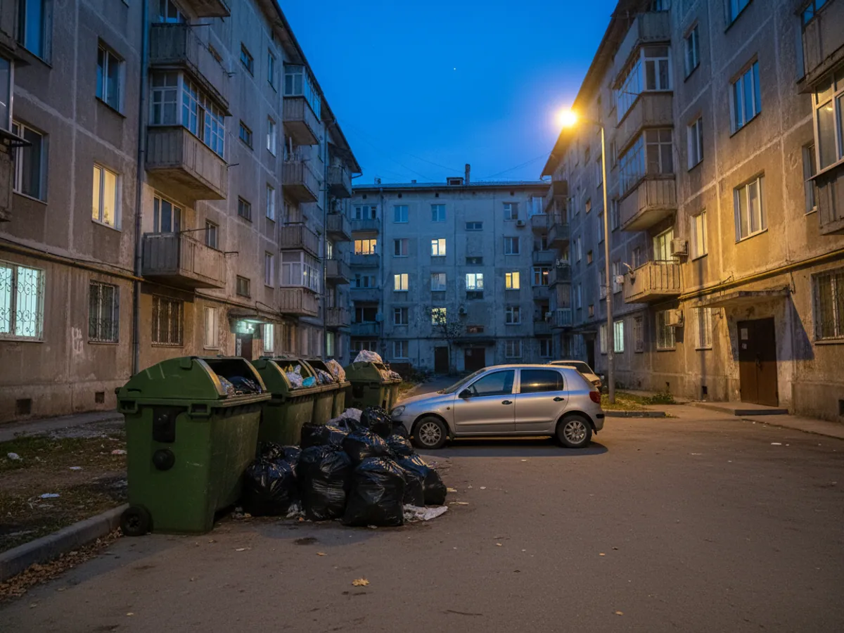 Overflowing bins in a courtyard in the evening, the approach to the point blocked by a car