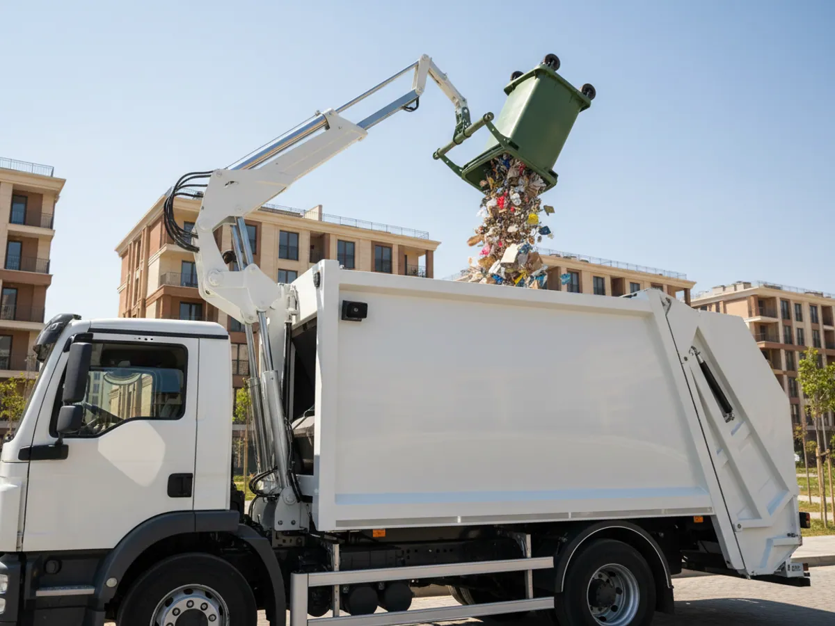 The lifting arm of a refuse vehicle raising a green bin over the hopper at a collection point