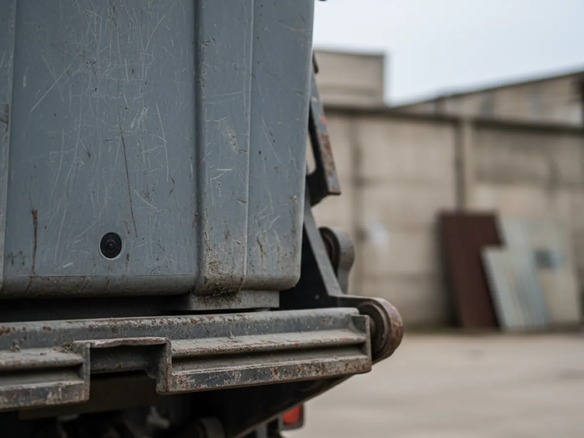A round RFID tag on the side of a bin beside the steel comb of a refuse vehicle lifter