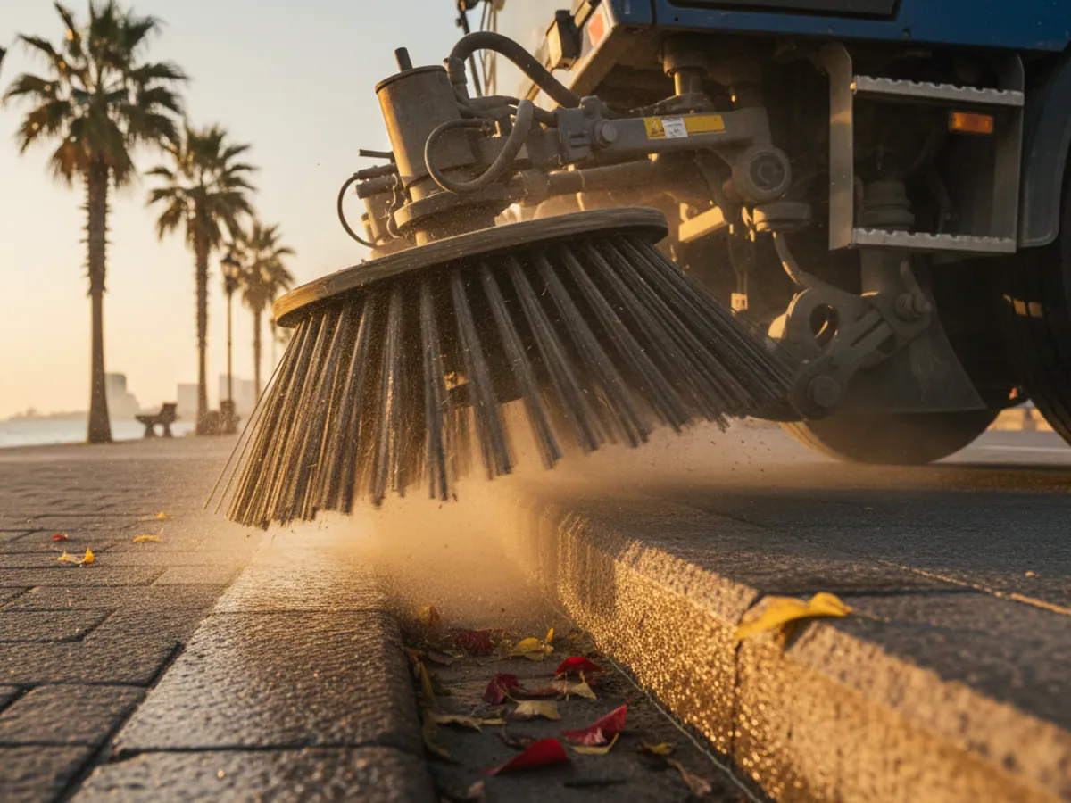 The lowered side brush of a road sweeper turning against the kerb in evening light