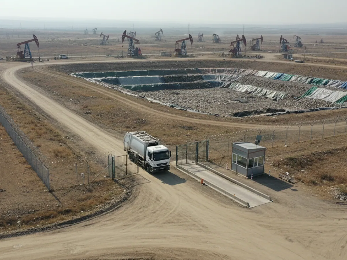 Seen from above: a refuse vehicle entering a landfill past the weighbridge, oil pumpjacks all around