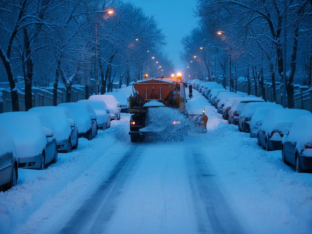 A snow plough with its blade down spreading de-icer on a snow-covered slope