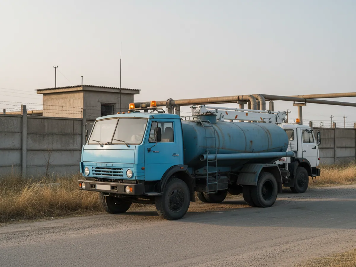 An old water tanker and a new aerial platform by the road near a pumping station