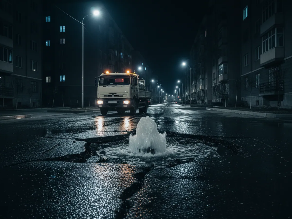 A water main burst at night: water fountaining from a hole in the tarmac, with an emergency vehicle alongside