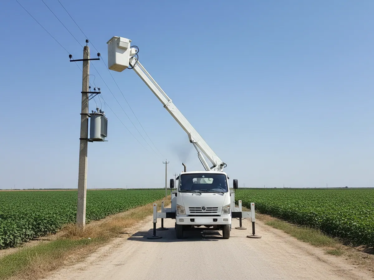 An aerial platform on extended outriggers with its empty basket raised to a transformer beside a cotton field