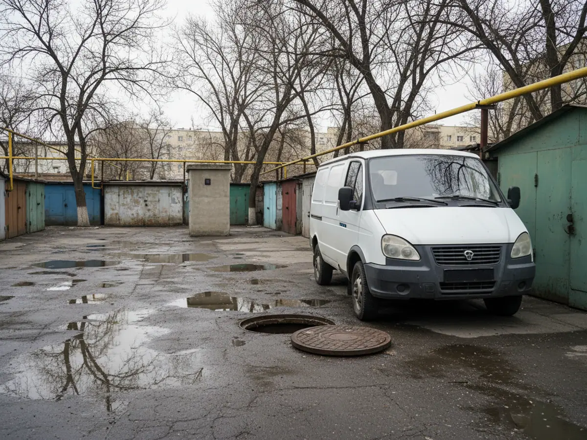 A service van beside an open chamber behind the garages, a transformer kiosk nearby