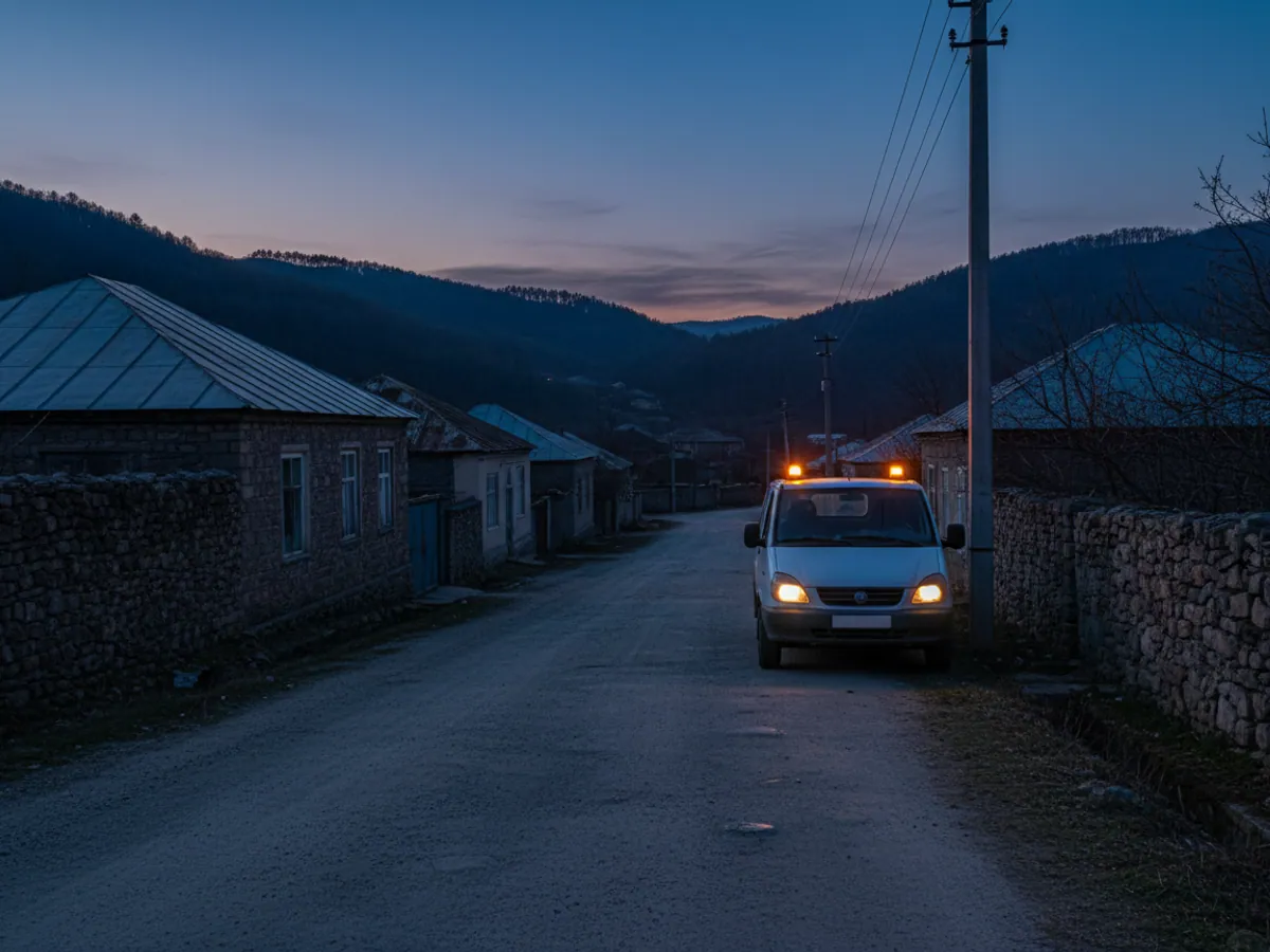 Dusk in a village: houses with dark windows, an emergency van standing by a pole