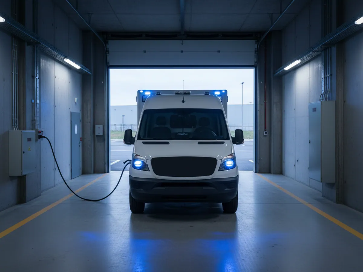 An ambulance in the open bay of a station at dawn, all its beacons switched on