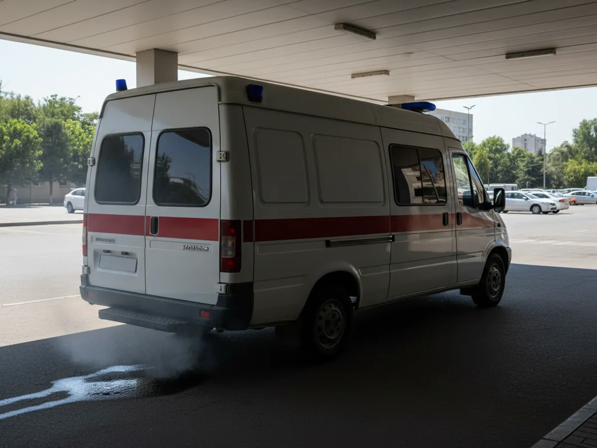 An ambulance with its engine running outside A&E in the heat, condensation dripping underneath