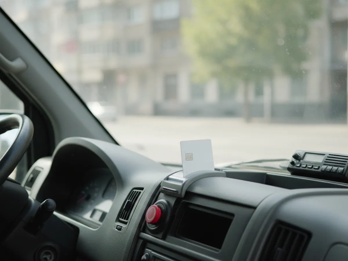 An ambulance cab: a plastic card in the reader and a red panic button by the steering wheel