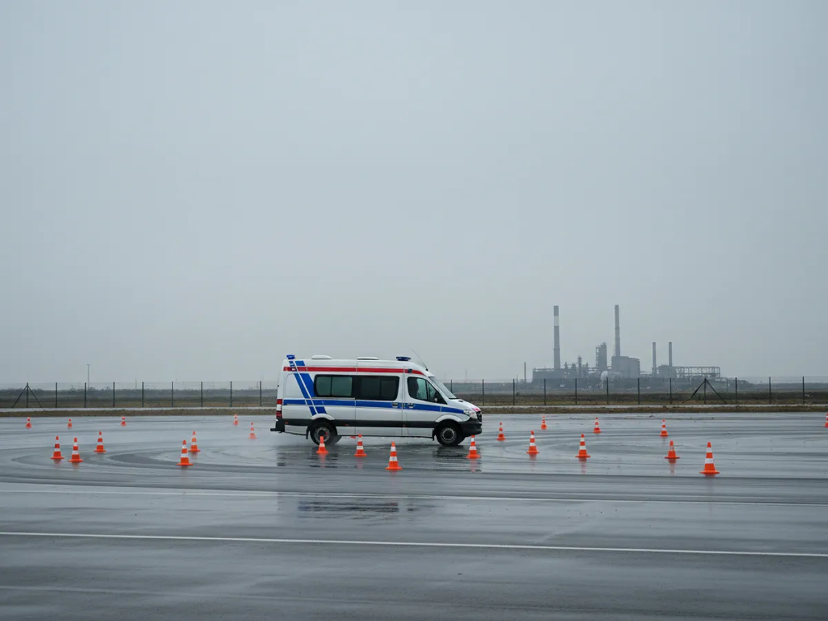 An ambulance weaving through a slalom of orange cones on a training ground
