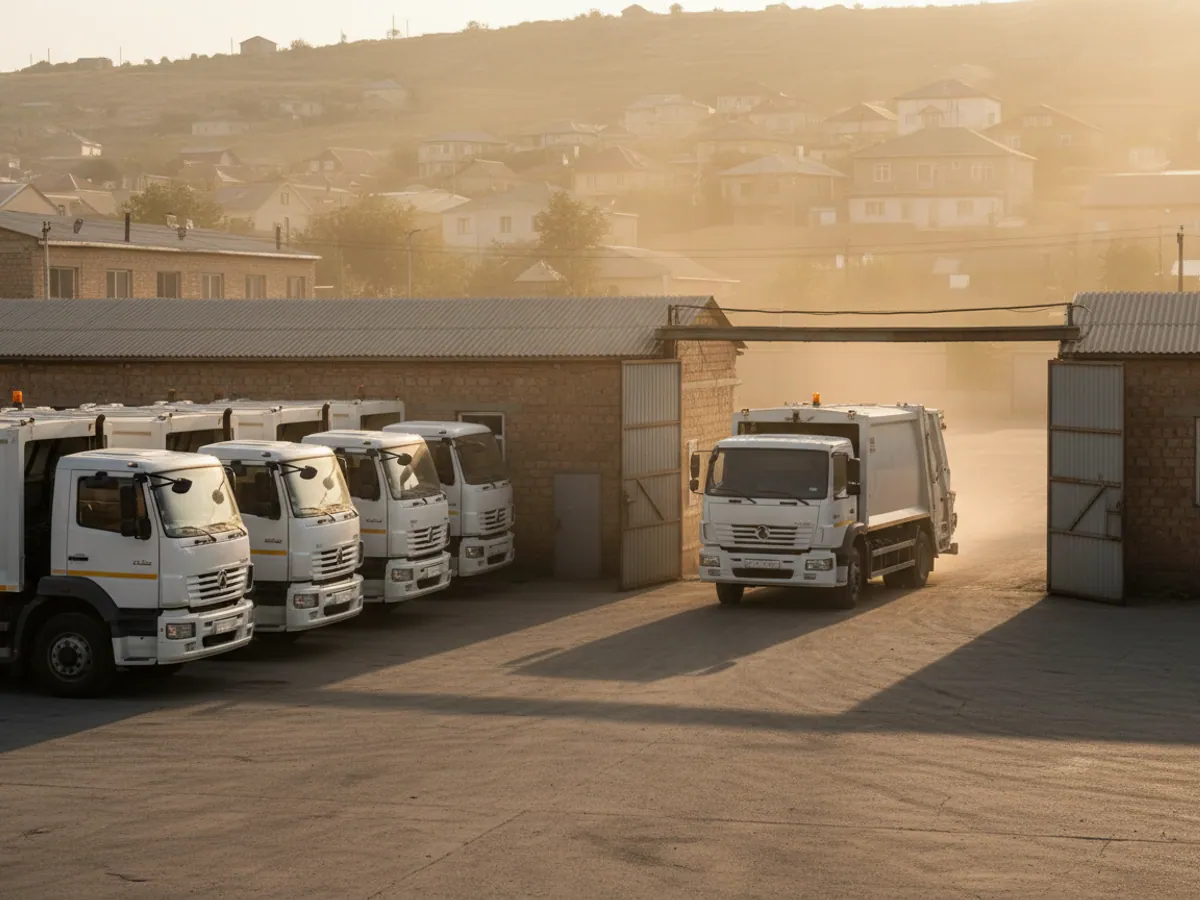 A refuse vehicle returning to the depot through open gates in the evening light