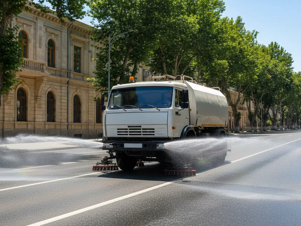 A street washer spraying a fan of water across a sunlit avenue in summer