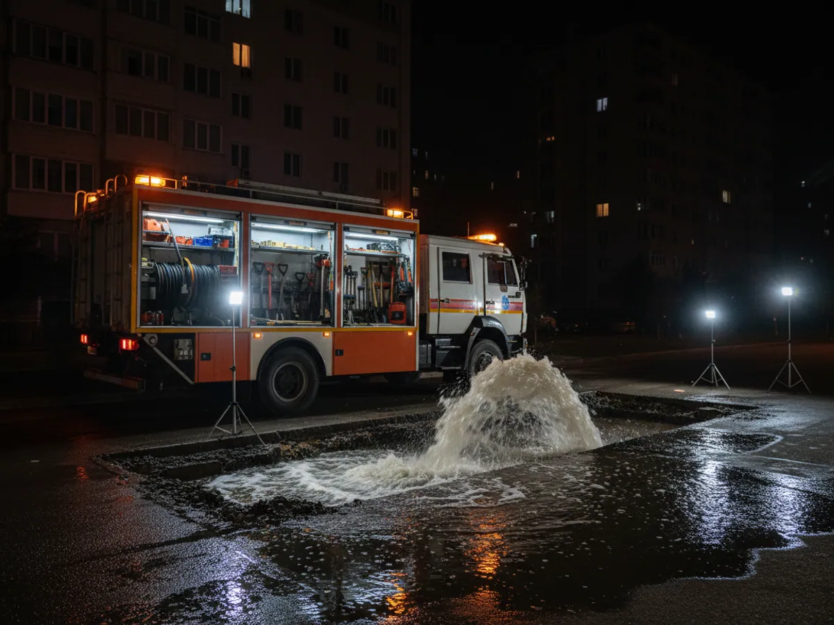 An emergency vehicle with amber beacons at night beside a burst water main in the street