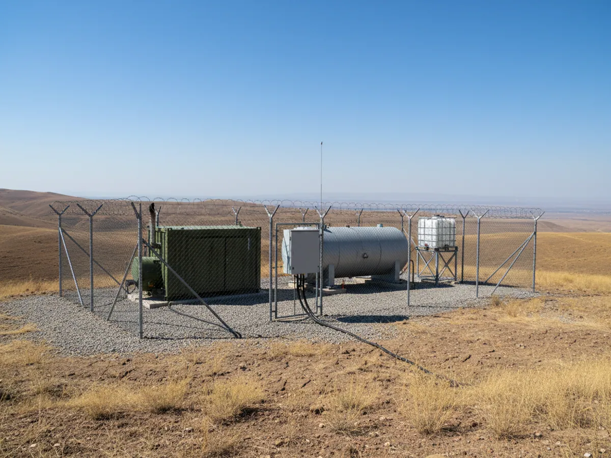 Təpədəki rabitə qülləsinin hasarı arxasında generator, yanacaq və su çənləri