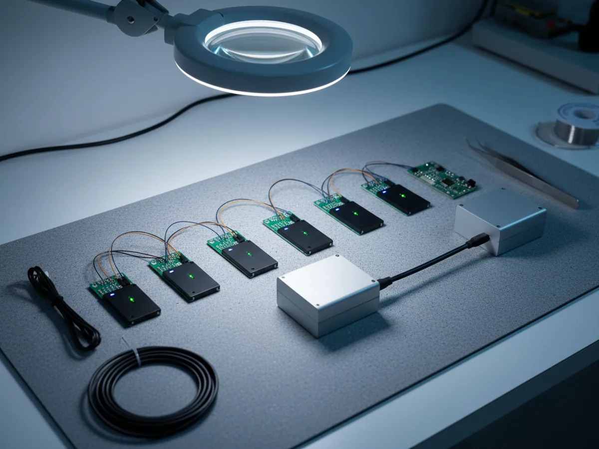 A test bench with telematics modules, wiring and a magnifier lamp