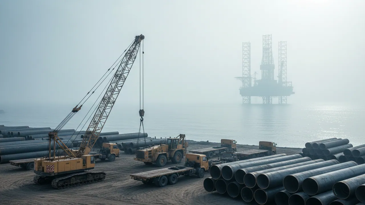 A crane, tractor units and pipes on an industrial yard by the Caspian, with a drilling rig out at sea