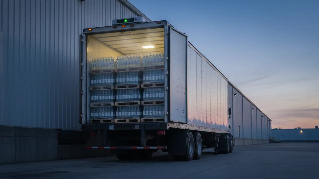 A refrigerated lorry at a beverage warehouse dock, loaded with shrink-wrapped pallets of bottles