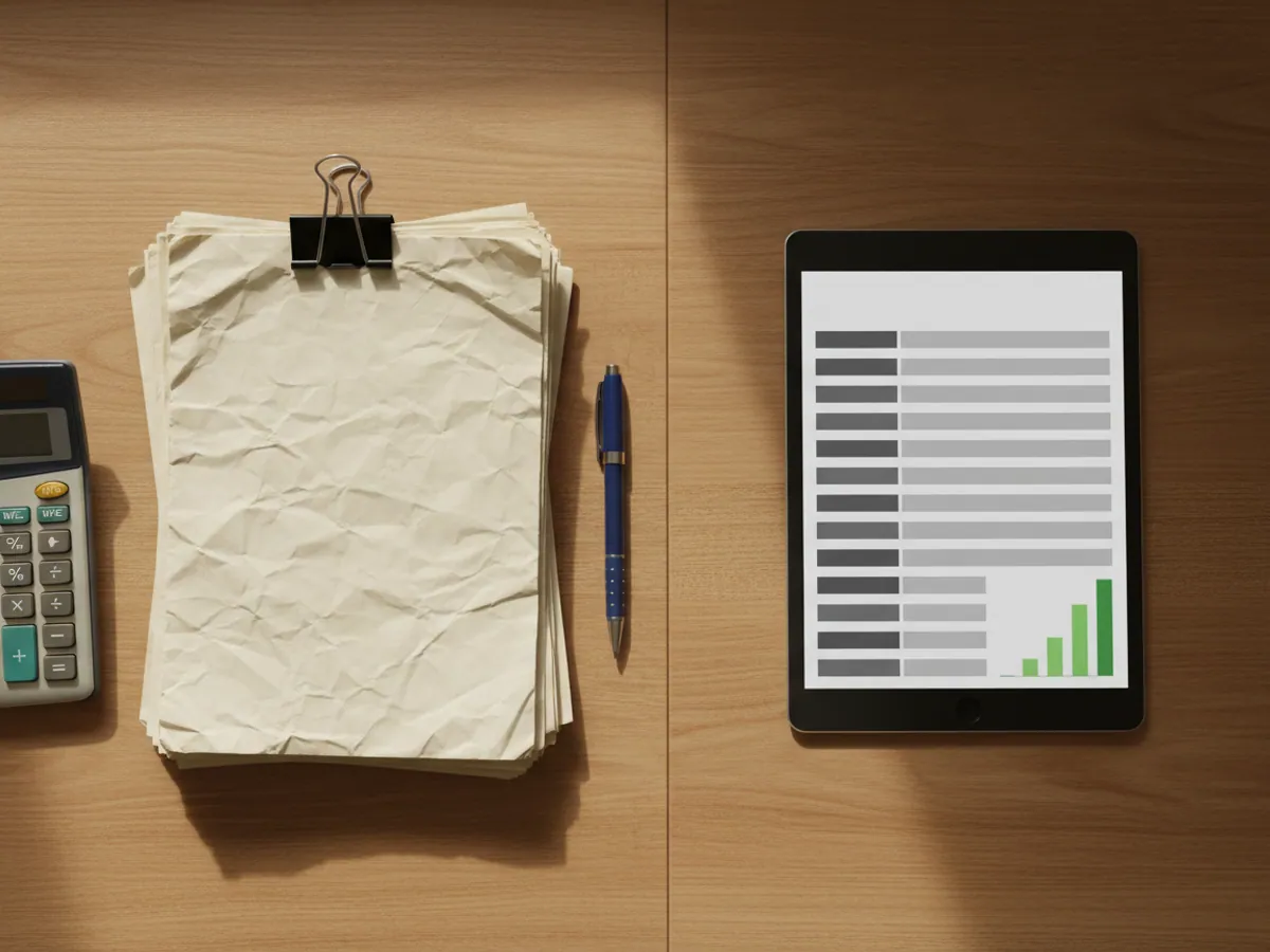 A stack of paper waybills with a calculator and a tablet showing a spreadsheet on a desk