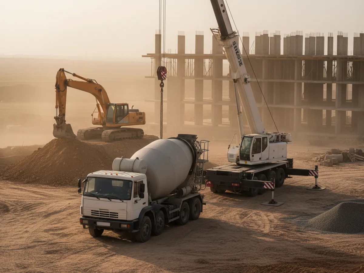 A concrete mixer, a mobile crane and an excavator on a construction site on the outskirts of Baku