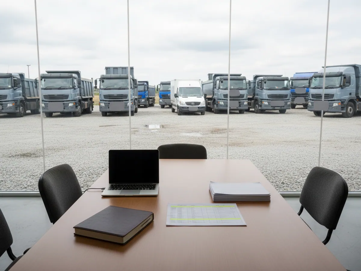 A table in the garage office: a laptop, a logbook, waybills, lorries visible through the window