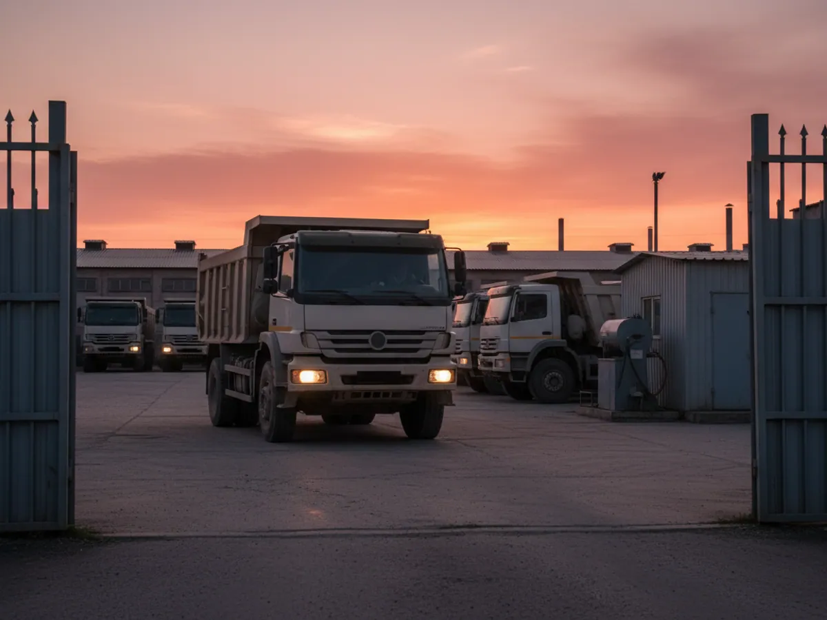 A dusty tipper returning to the depot in the evening, where other tippers are already parked