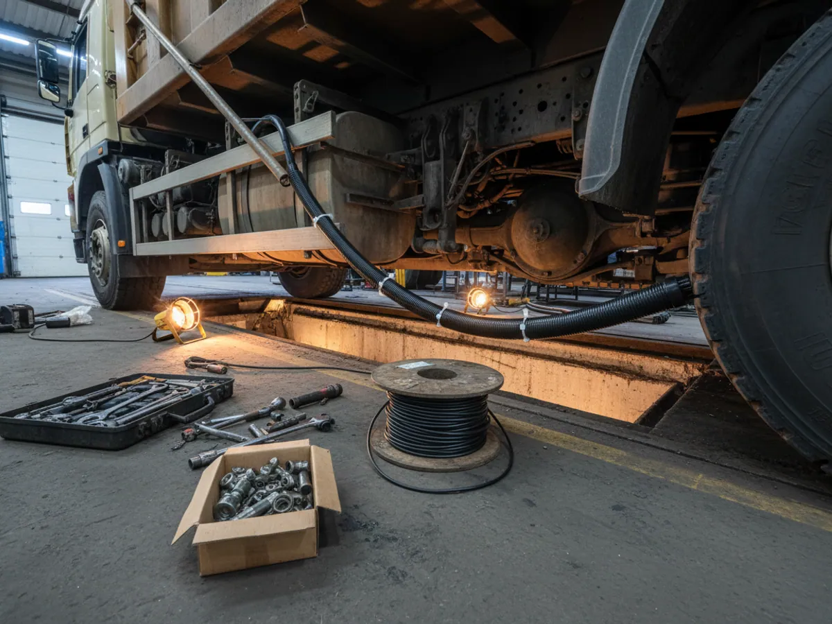 A tipper over an inspection pit with new cable in conduit run along the chassis