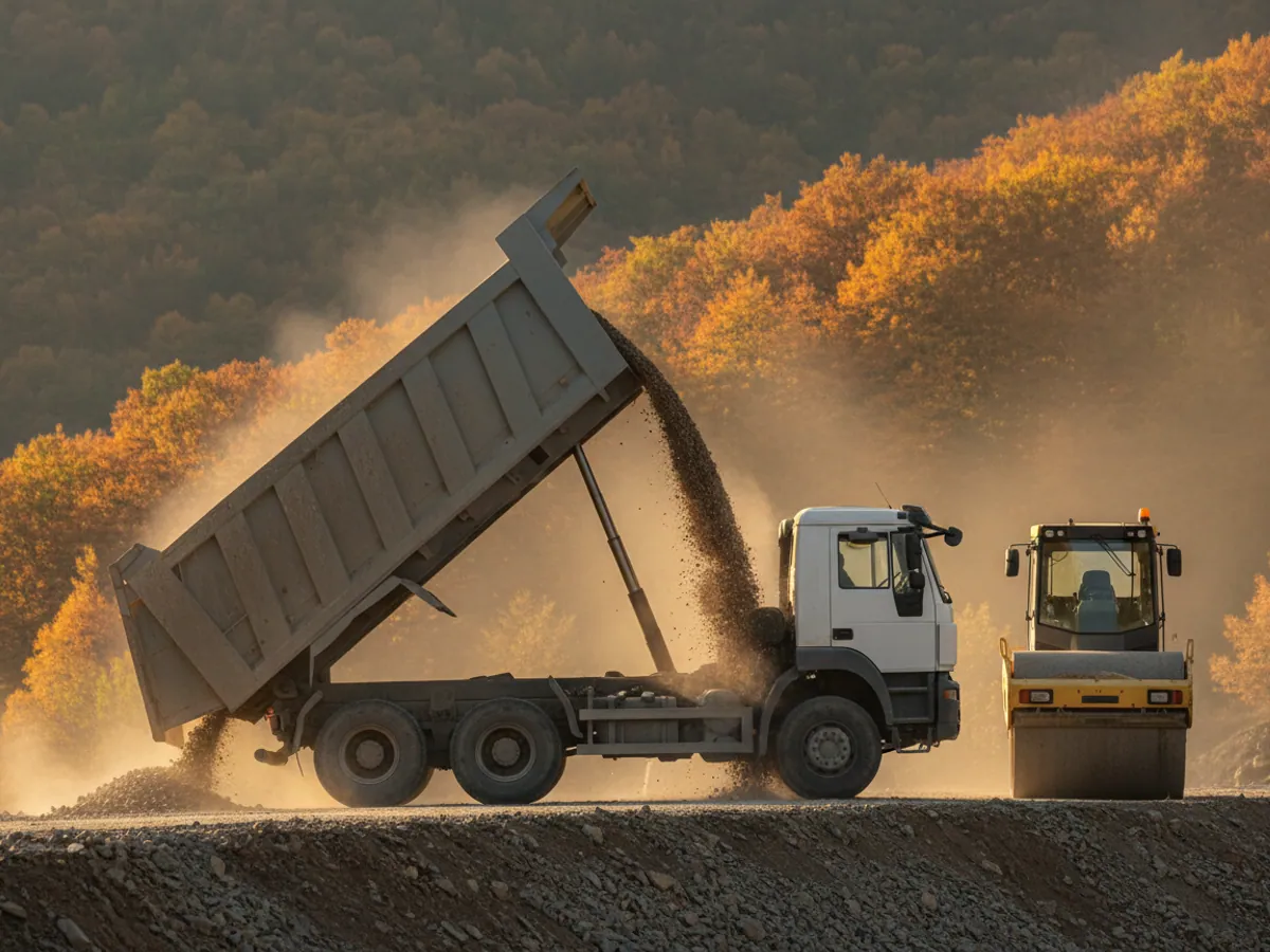 A tipper with its body raised discharging crushed stone onto a road embankment in the foothills near Sheki