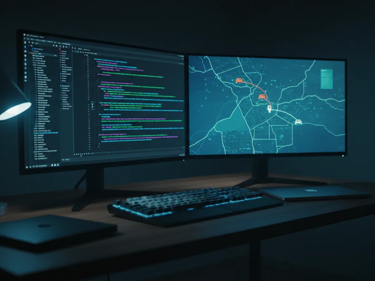 Two monitors at night: a stream of data and a map with two vehicles